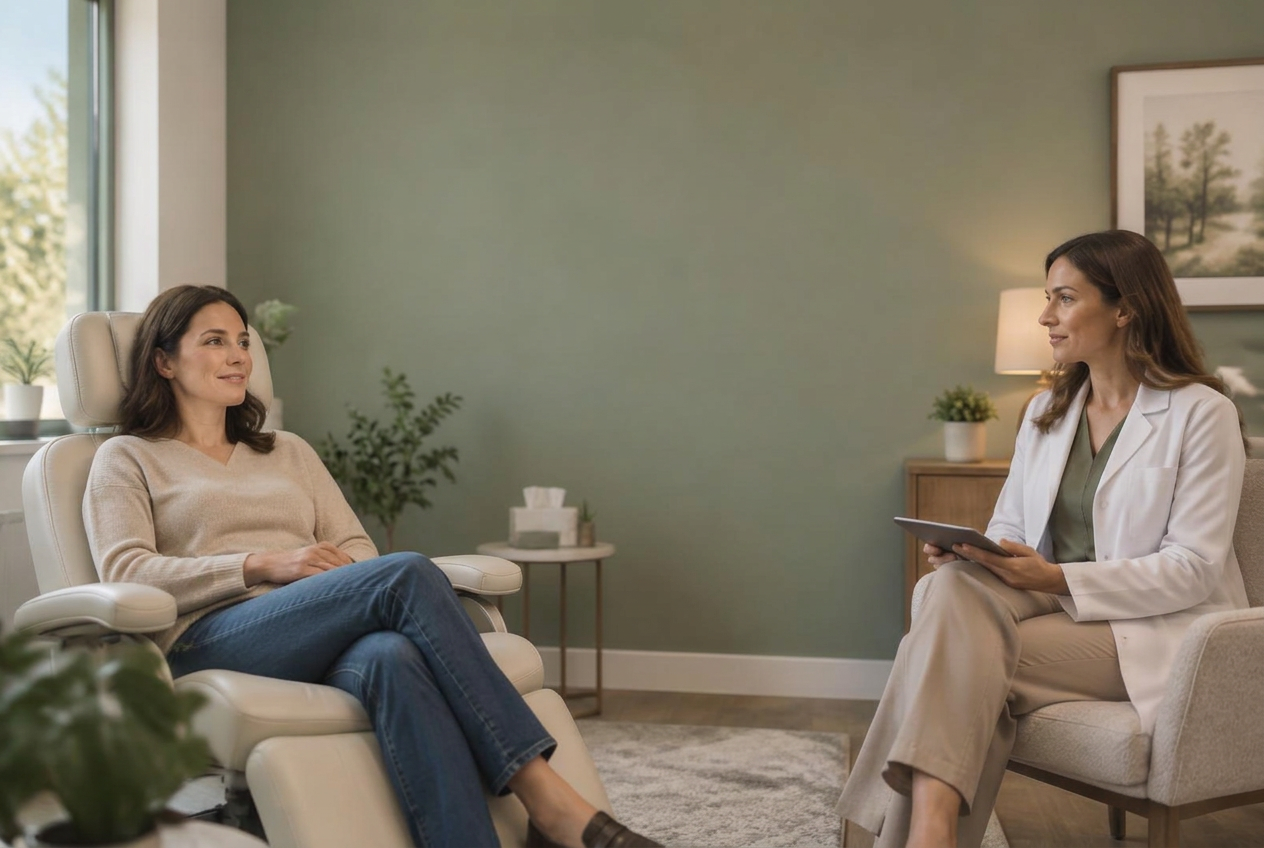 A patient speaking with a clinician beside TMS equipment in a calm treatment room